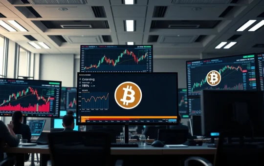 Trading floor monitors showing Bitcoin ETF data and CryptoNewsInsights network activity charts