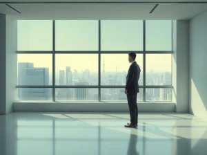 Japanese business executive standing in a modern office overlooking Tokyo skyline, representing financial leadership and crypto market developments.