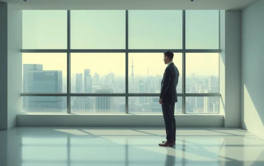 Japanese business executive standing in a modern office overlooking Tokyo skyline, representing financial leadership and crypto market developments.