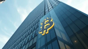 JPMorgan Chase headquarters in New York City with a subtle Bitcoin symbol reflection on the building's glass facade.