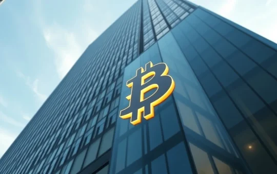 JPMorgan Chase headquarters in New York City with a subtle Bitcoin symbol reflection on the building's glass facade.