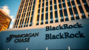 JPMorgan Chase and BlackRock logos on a building facade, representing institutional investment in Bitcoin ETF
