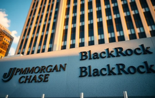 JPMorgan Chase and BlackRock logos on a building facade, representing institutional investment in Bitcoin ETF