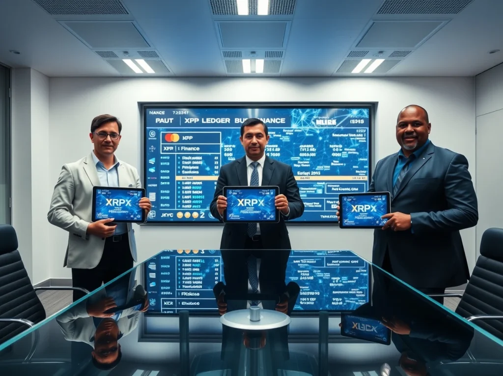 JPMorgan, Mastercard, and Ondo Finance representatives at a conference table with XRP Ledger tokenization screens
