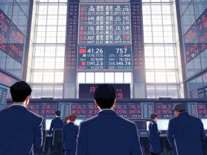 Tokyo stock exchange trading floor during a regulatory announcement on crypto firms.