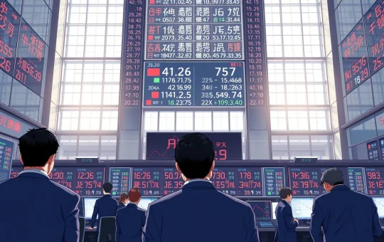 Tokyo stock exchange trading floor during a regulatory announcement on crypto firms.
