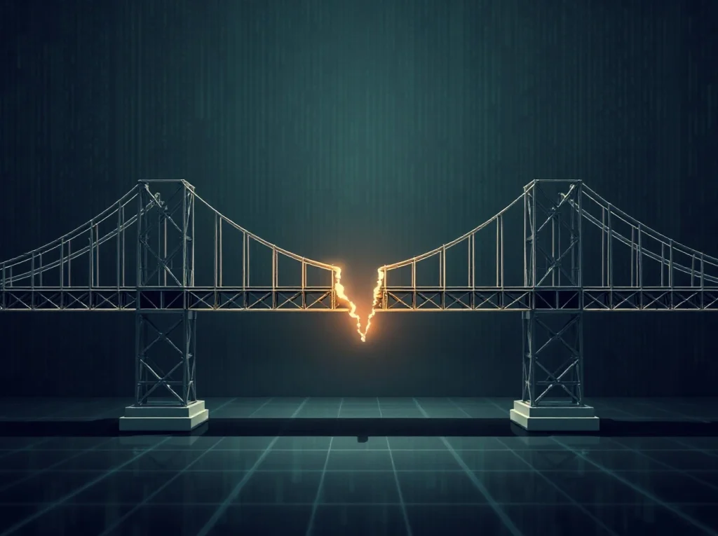 Digital bridge representing the exploited Kelp DAO rsETH cross-chain bridge with a security breach.