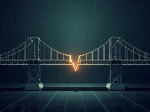 Digital bridge representing the exploited Kelp DAO rsETH cross-chain bridge with a security breach.