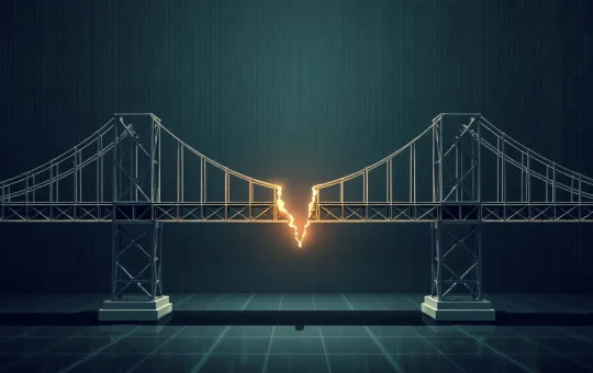 Digital bridge representing the exploited Kelp DAO rsETH cross-chain bridge with a security breach.