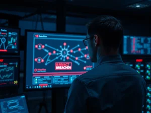 A cybersecurity analyst monitoring a blockchain network breach on multiple screens in a dark server room.
