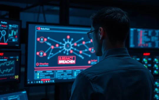 A cybersecurity analyst monitoring a blockchain network breach on multiple screens in a dark server room.