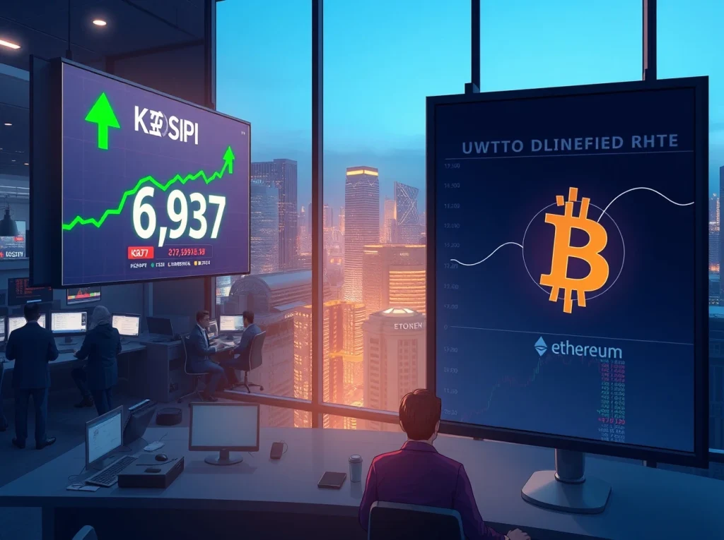 KOSPI near 6,937 stock market display and fading cryptocurrency screens in Seoul trading floor