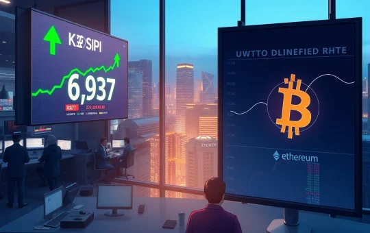KOSPI near 6,937 stock market display and fading cryptocurrency screens in Seoul trading floor