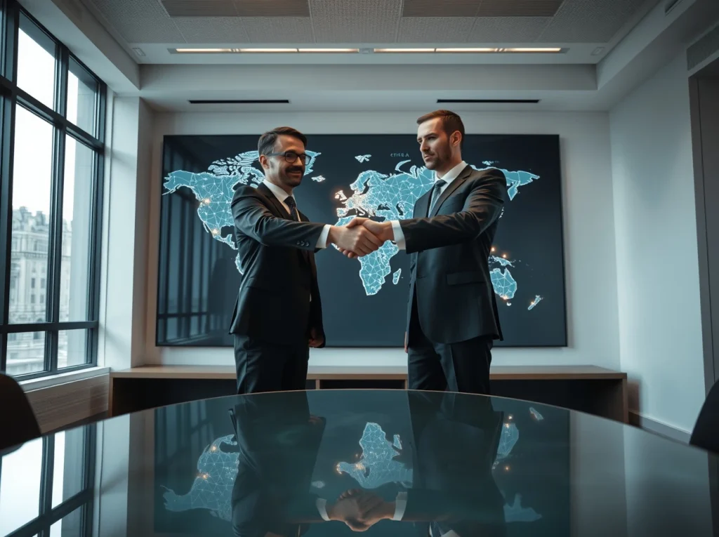 Business handshake in modern office with digital world map showing payment nodes