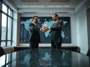Business handshake in modern office with digital world map showing payment nodes