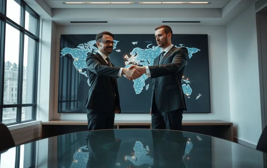 Business handshake in modern office with digital world map showing payment nodes