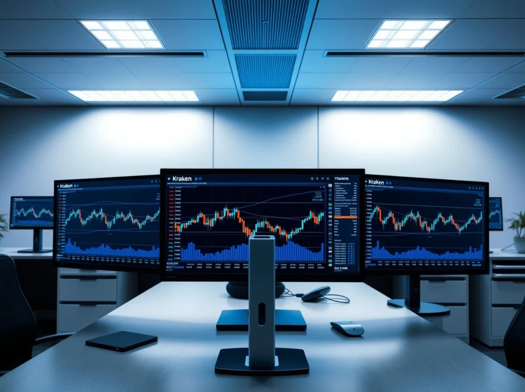 Kraken trading platform interface showing margin trading charts on multiple monitors in a professional office setting