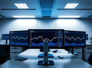 Kraken trading platform interface showing margin trading charts on multiple monitors in a professional office setting