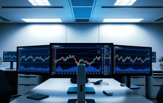 Kraken trading platform interface showing margin trading charts on multiple monitors in a professional office setting