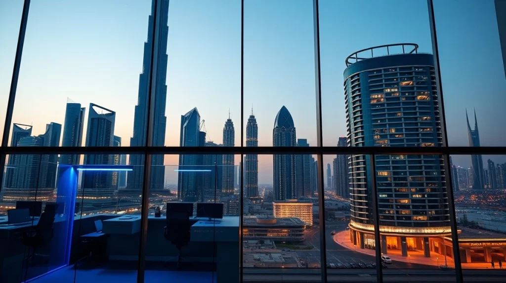 Dubai skyline at dusk with modern financial district and cryptocurrency exchange office interior visible