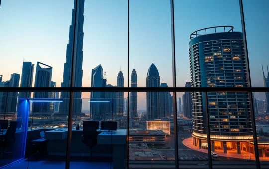 Dubai skyline at dusk with modern financial district and cryptocurrency exchange office interior visible