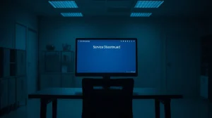 Empty office with monitor displaying DeFi platform shutdown message