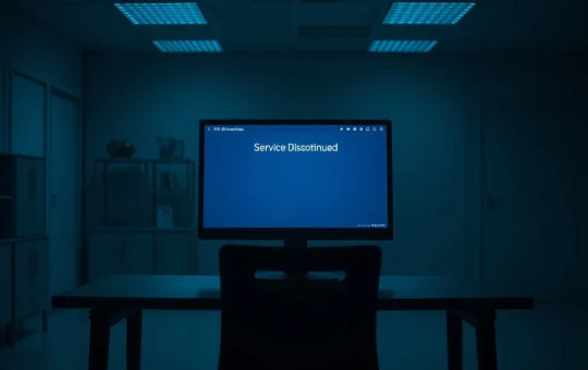 Empty office with monitor displaying DeFi platform shutdown message
