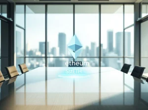 Modern corporate office with holographic display of Ethereum and stETH tokens representing institutional staking.