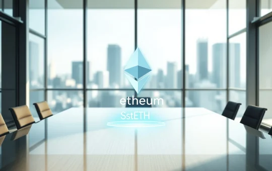 Modern corporate office with holographic display of Ethereum and stETH tokens representing institutional staking.