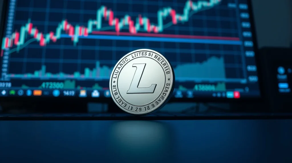 Litecoin coin on a trading desk with a bullish chart in the background