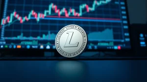 Litecoin coin on a trading desk with a bullish chart in the background