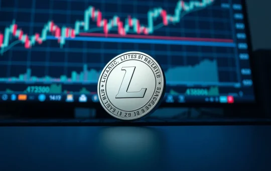 Litecoin coin on a trading desk with a bullish chart in the background