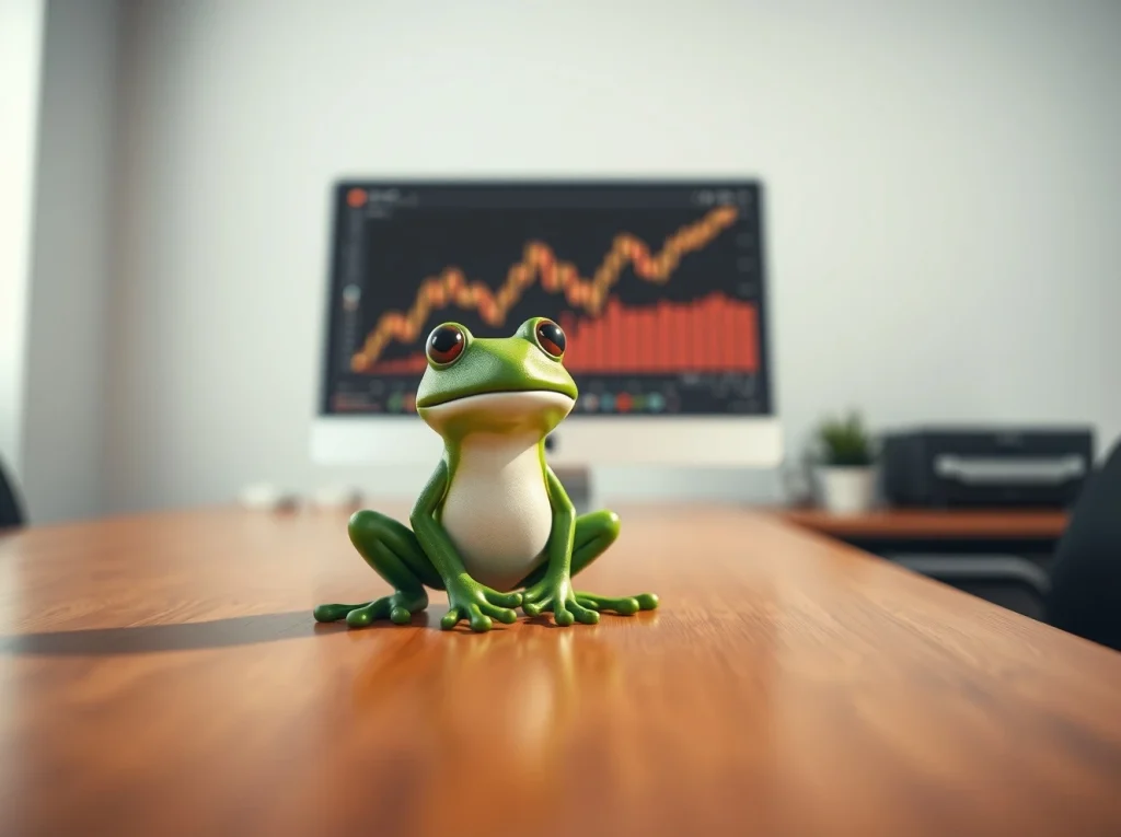A small green frog figurine representing Little Pepe on a desk with a blurred chart in the background.