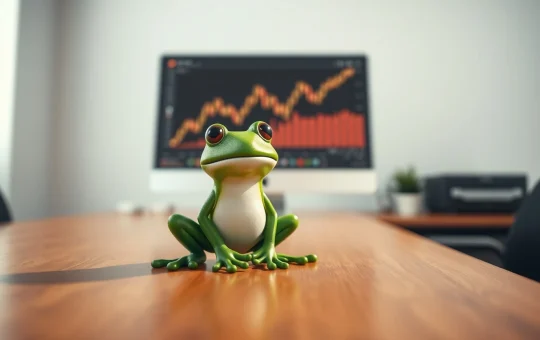 A small green frog figurine representing Little Pepe on a desk with a blurred chart in the background.
