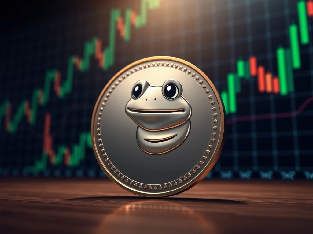 Little Pepe ($LILPEPE) coin illustration with digital charts in background, representing meme coin launch and market momentum.