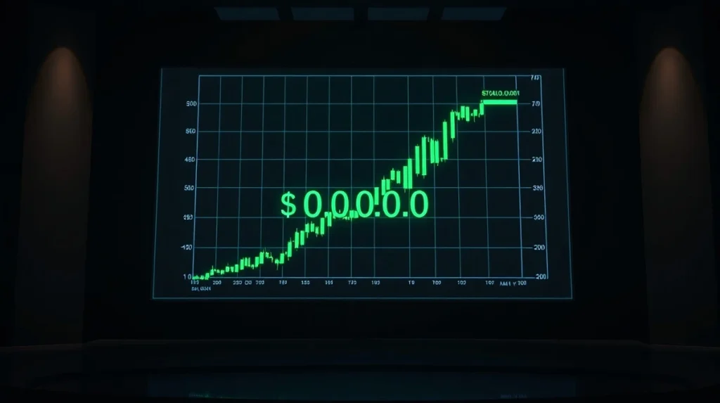 Digital price chart showing LUNC reclaiming $0.0001 with green candles in a professional news studio setting.
