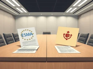Symbolic representation of Malta's crypto regulation dispute with the EU's ESMA authority.