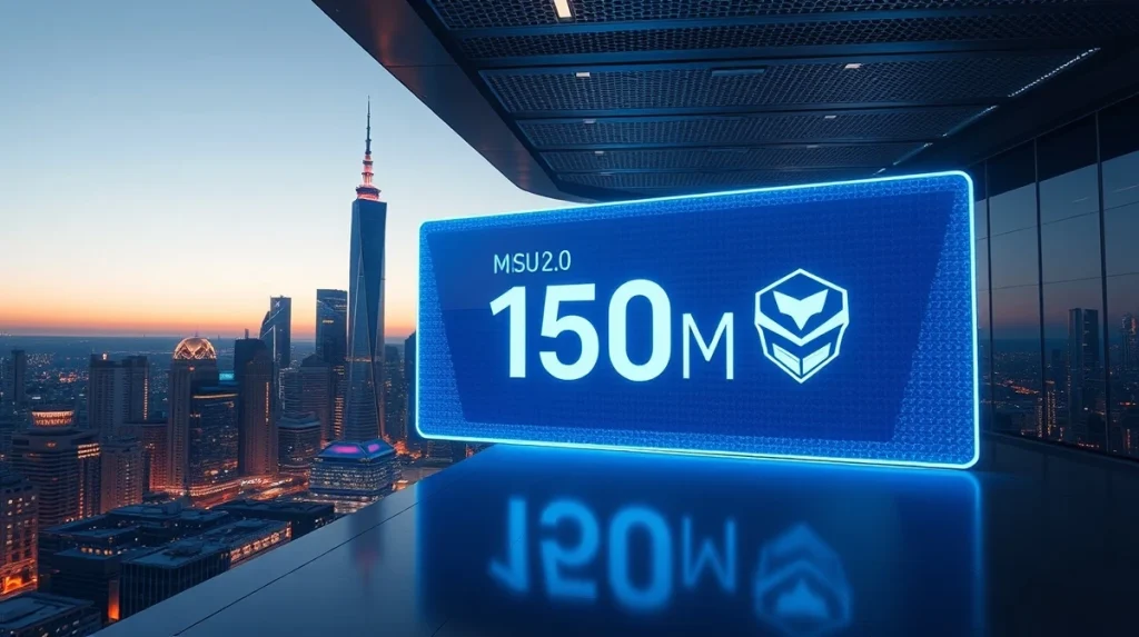 Futuristic cityscape with digital display showing 150M and MSU 2.0 emblem, representing MapleStory Universe's milestone.