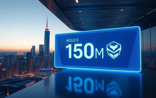Futuristic cityscape with digital display showing 150M and MSU 2.0 emblem, representing MapleStory Universe's milestone.