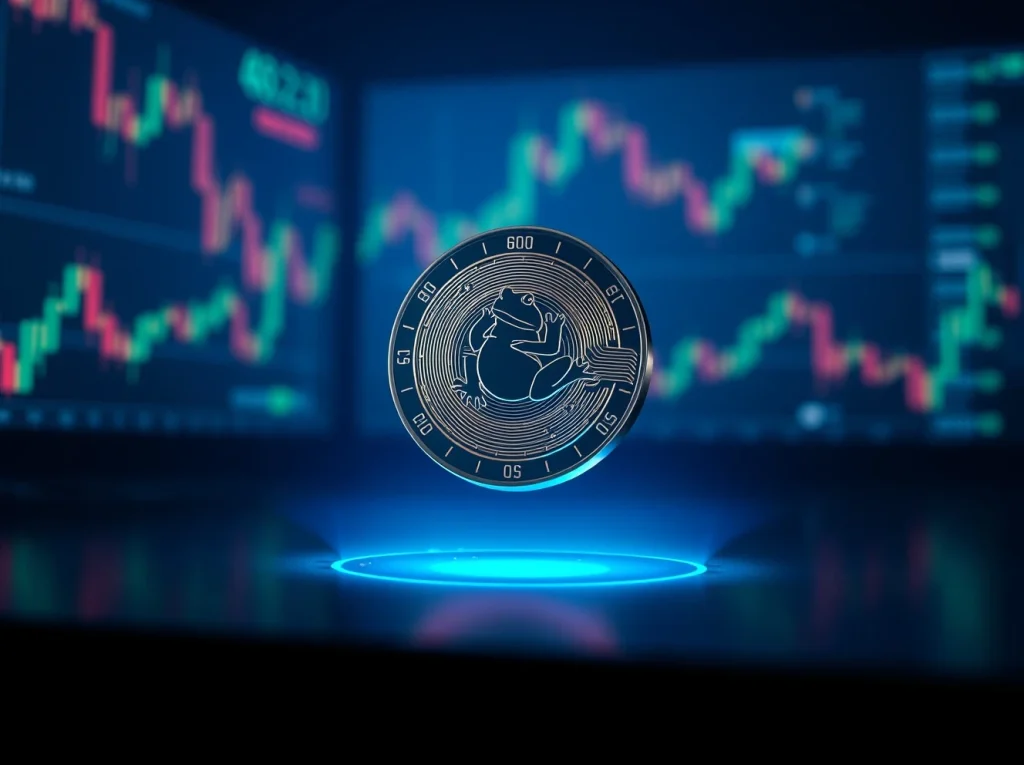 Digital coin with frog motif in a futuristic crypto trading environment
