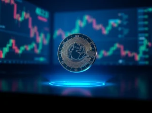 Digital coin with frog motif in a futuristic crypto trading environment