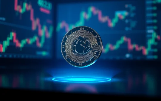 Digital coin with frog motif in a futuristic crypto trading environment