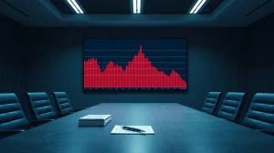 Empty corporate boardroom with Bitcoin price chart showing sharp decline on a large display