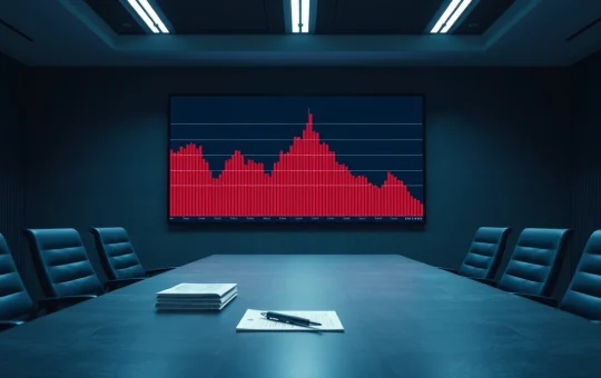 Empty corporate boardroom with Bitcoin price chart showing sharp decline on a large display