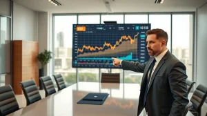 Analyst pointing at Bitcoin price chart on screen in modern office