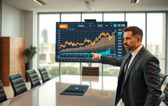 Analyst pointing at Bitcoin price chart on screen in modern office