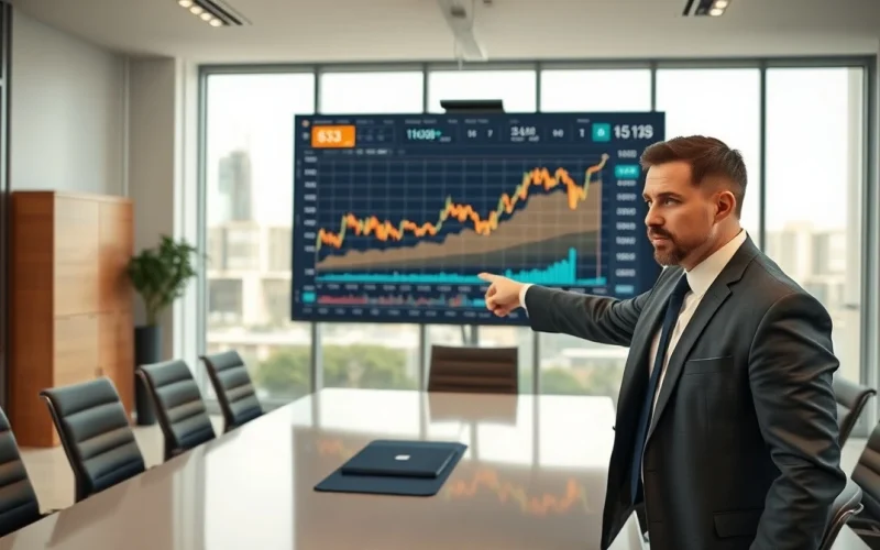 Analyst pointing at Bitcoin price chart on screen in modern office