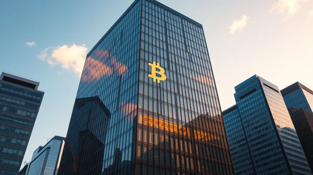Tokyo financial district skyscraper with Bitcoin symbol reflection at sunset