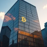 Tokyo financial district skyscraper with Bitcoin symbol reflection at sunset