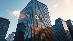 Tokyo financial district skyscraper with Bitcoin symbol reflection at sunset